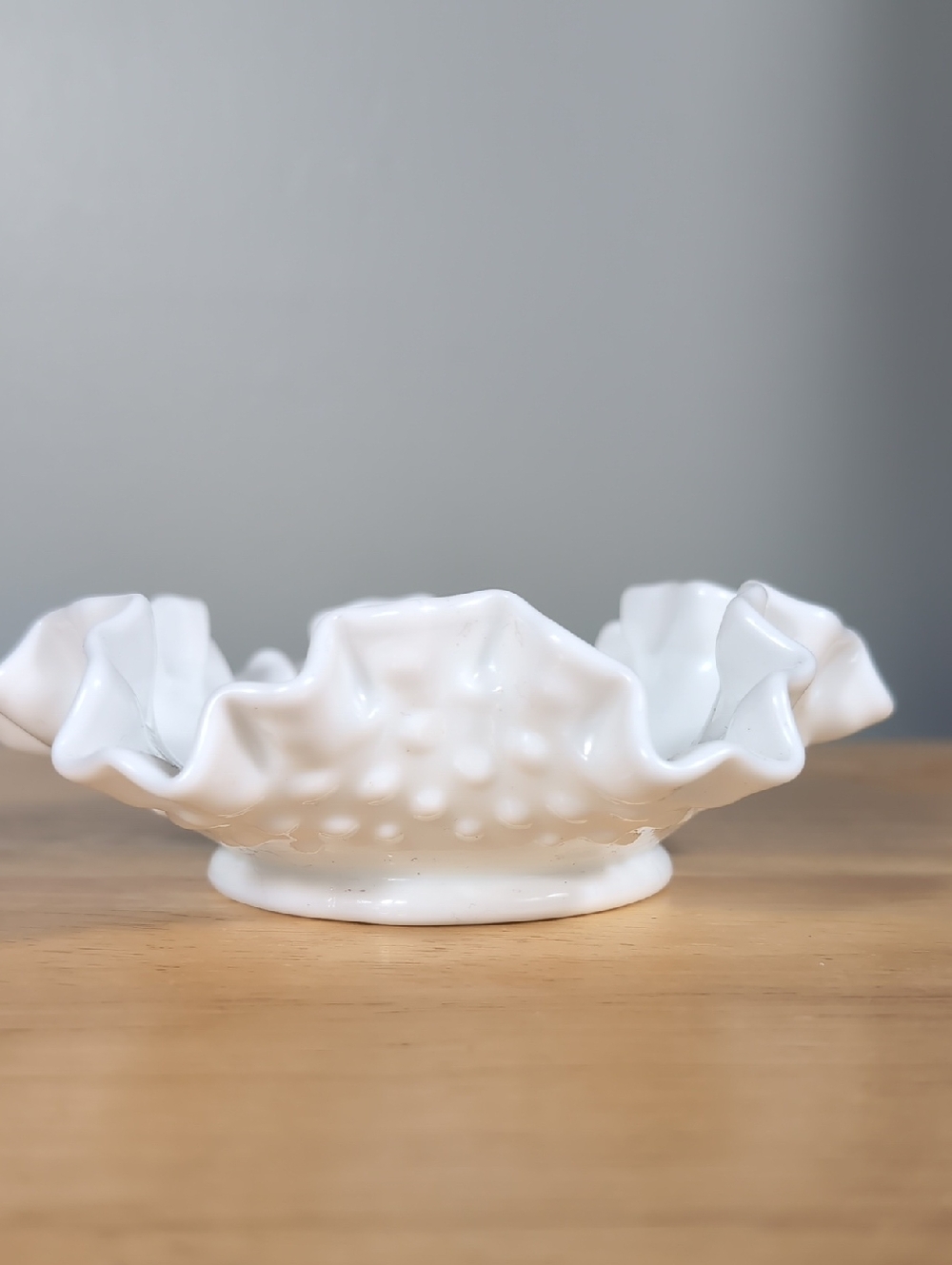 White Ruffled Fenton Milk Glass Candy Dish.